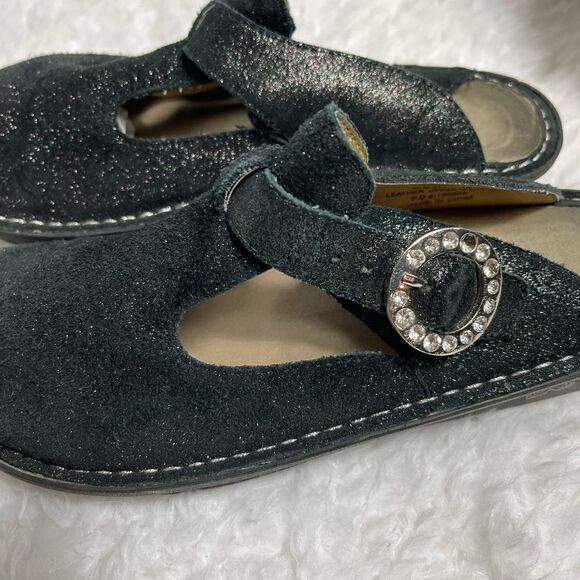 Alegria Paloma leather black glittery suede mules with side buckle  SZ 37 - Picture 5 of 10